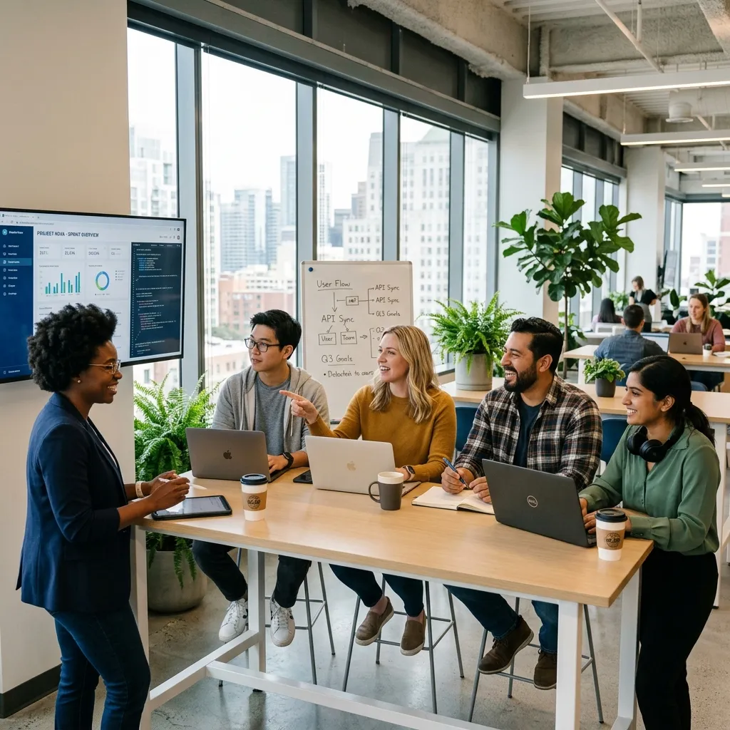 Diverse tech team collaborating in modern office